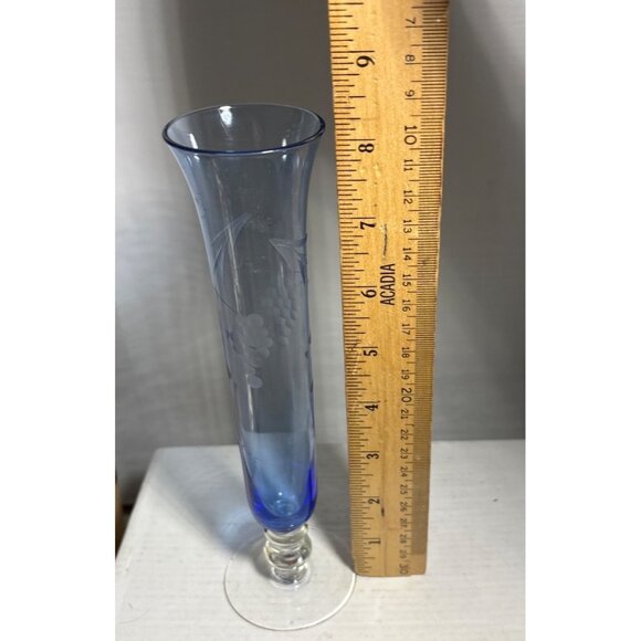 Blue Glass Vase Parma by AAI Etched Grapes Leaves Clear Pedestal Trumpet 8.25" - Picture 9 of 9